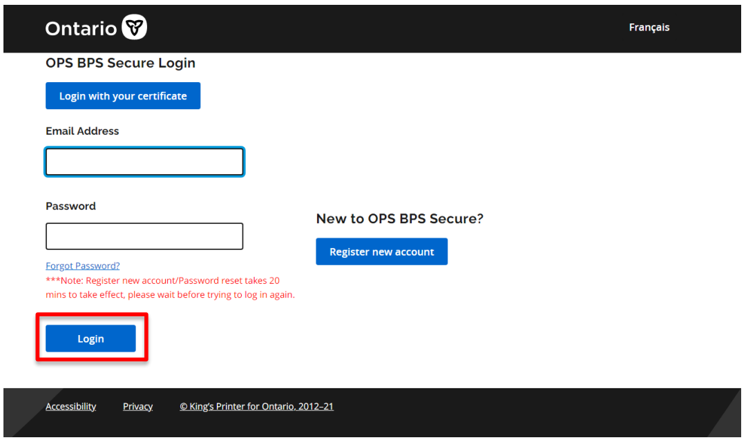 OPS BPS Secure Login Screen, users should enter email and password